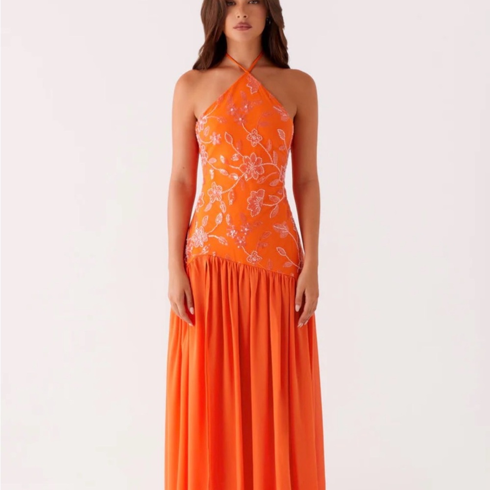 Halter Maxi Dress in Bright Orange with Floral Embroidery